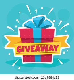 Giveaway winner card. Congratulate and promotional posters. Web banner with gift box with prize. Social media post or website offer. Promo template. Cartoon flat isolated vector illustration