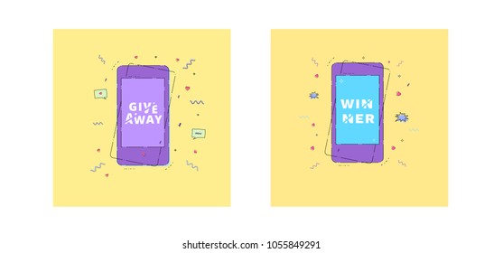 Giveaway and Winner cards set. Vector illustration.