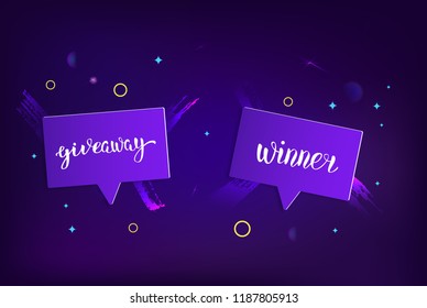 Giveaway and Winner dark banner set. Handwritten lettering with  geometric decoration. Template  for social media nework. Vector illustration.