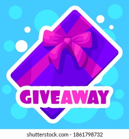Giveaway winner gift. Free give away wrapped gift box with ribbons template. Giveaways post gift, winner reward banner, quiz posters, way of promotion, advertising in social media vector illustration