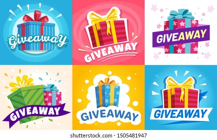 Giveaway winner poster. Gift offer banner, giveaways post and gifts prize flyer. Quiz posters, contest announcement or media event post vector illustration set