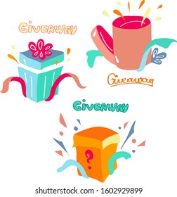 Giveaway winner poster. Gift offer banner, giveaways post and winner reward in contest, prize in open boxes with ribbons flyer design vector give away . 