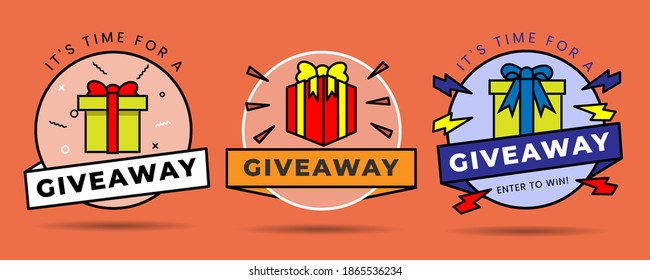 Giveaway winner vintage badge design set. 
giveaways post and winner reward in contest,
Gift box vector illustration with modern typography text style.