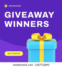 Giveaway winners reward wrapped blue gift box present surprise cyberspace competition web post realistic 3d icon vector illustration. Internet blog contest win congratulations holiday prize banner