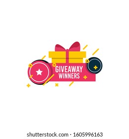Giveaway winners template design for social media post, surprise package, subscribers reward. Gift box vector for advertising of giving present, like or repost isolated icon with modern flat style.
