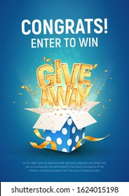 Giveaway word above open textured blue box with confetti explosion inside on blue background illustration poster template. Gift away text and giftbox quiz or lottery template