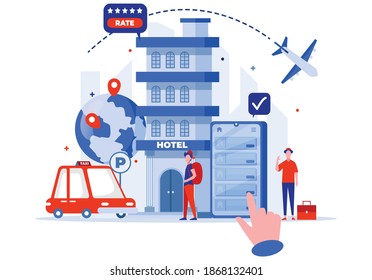 gives ratings for hotels rented while traveling. Tiny people illustration. Vector illustration