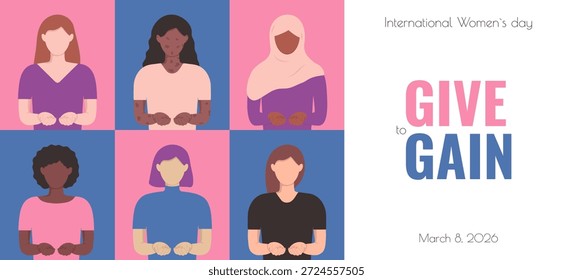  GivetoGain Plantilla de Anuncio con patrón geométrico con diferentes colores de piel de las niñas. Día Internacional de la Mujer 2026. Plantear por los derechos de solidaridad y la igualdad de género. Ilustración vectorial plana 8 de marzo
