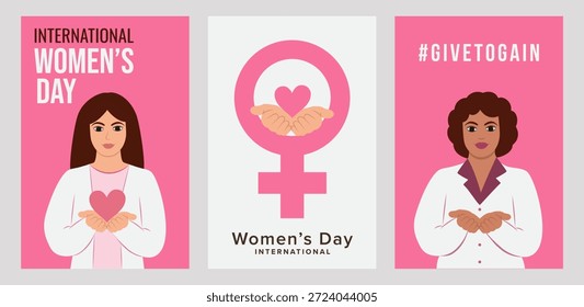 Conjunto de afiches de la Ilustración vectorial #Givetogain para celebrar el Día Internacional de la Mujer 2026: mujeres con las palmas abiertas, con el corazón junto al símbolo femenino, dentro del letrero de las mujeres, las manos abiertas de una mujer simbolizan el poder