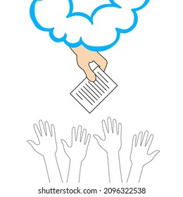 Giving of the 10 Commandments. Raised up hands. Flat isolated Christian vector illustration, biblical background.