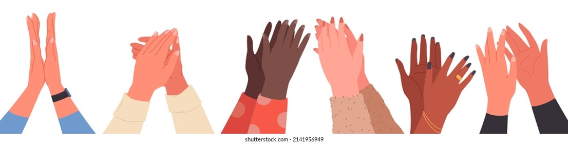 Giving applause and celebrating. Multinational hands clapping, success and public ovation, audience appreciation, publicly approval, enjoyment gesture cartoon vector illustration