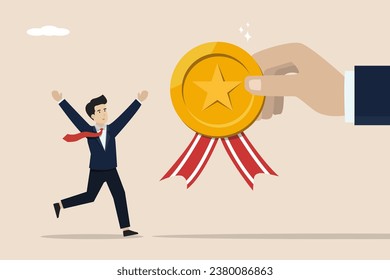 Giving awards to professional workers, best office employees or specialists for achieving goals concept, businessman hand giving award medals to professional employees.