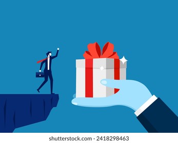 Giving a big prize, giving a bribe. A big hand gives a gift box to a business employee. vector 