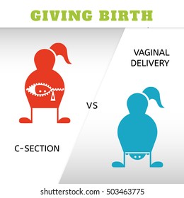 Giving birth, vaginal delivery and c-section, icons, vector illustration