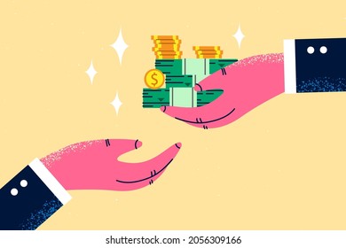 Giving bribe and financial crime concept. Human hand holding heap of dollars cash money giving bribe making corruption with another person ready to take vector illustration