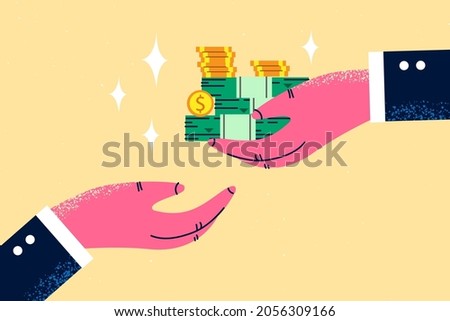 Giving bribe and financial crime concept. Human hand holding heap of dollars cash money giving bribe making corruption with another person ready to take vector illustration