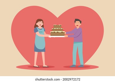 Giving cake vector concept: Young wife giving surprise cake to her husband while wearing apron 