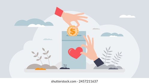 Giving campaigns and financial money donation box tiny person hands concept. Poverty awareness, social assistance and volunteering projects vector illustration. Donate finance for humanitarian aid.