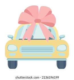 Dar al auto como regalo objeto vector de color semiplano. Elemento de tamaño completo sobre blanco. Sorpresa para el amante del auto. Presentando el automóvil simple ilustración de estilo de dibujos animados para diseño gráfico web y animación