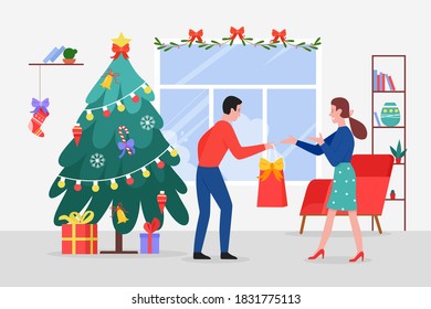 Giving Christmas gifts vector illustration. Cartoon flat couple people give Xmas present gift before Christmas Eve celebration, happy winter holiday in home living room with Christmas tree background