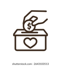 Giving coin to charity box. Icon symbol illustration