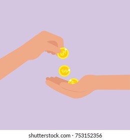 giving coin, hand holding money.