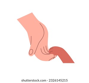 Giving cute cats paw in person hand. Human and animal relationship, love, care concept. Obedient faithful kitty touching owner, volunteer. Flat graphic vector illustration isolated on white background