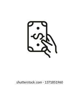 Giving donation line icon. Dollar banknote in hand. Volunteering concept. Vector illustration can be used for charity, fundraising, contribution, payment, cash