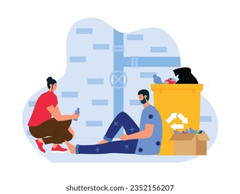 Giving drink to street beggars, helping others with sympathy, social activity vector illustration.