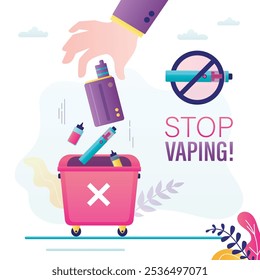 Giving up e-cig smoking addiction. Human hand throw pack of e-cigarettes and bottles into trash can. Prohibition of electric cigarette. Healthy lifestyle. Stop vaping. Social issues. flat vector