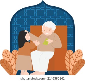 Giving Eid Fitri Present For Grandchild. Flat Design Illustration Of Muslim People