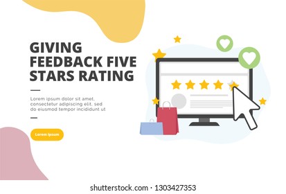 Giving Feedback Five Stars Rating flat design banner illustration concept for digital marketing and business promotion