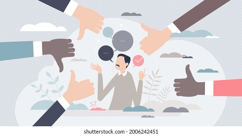 Giving feedback and make decision from ratings or reviews tiny person concept. Choice between positive or negative gesture vector illustration. Thumbs up or down as satisfaction evaluation symbol.