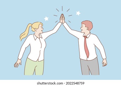 Giving five and collaboration concept. Young positive man and woman cartoon characters business partners standing giving five to each other working in team cooperating in work 