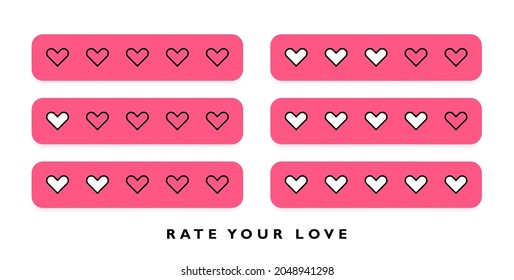 Giving Five Heart Rating concept. Rate your love, badges with hearts isolated on white background. Review, feedback or satisfaction concept. Vector illustration.