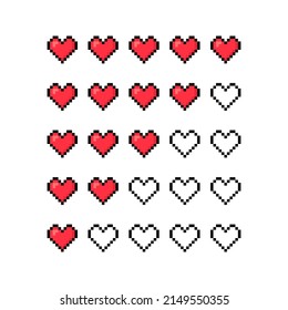 Giving five heart rating concept. Pixel hearts collection. Rate your love, love measuring indicator. Review, feedback or satisfaction concept. Vector illustration.