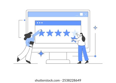 Сharacters giving five star feedback. Clients choosing satisfaction rating. Customer service and user experience concept. Vector Illustration, icon. Stylish, Minimalist line, abstract