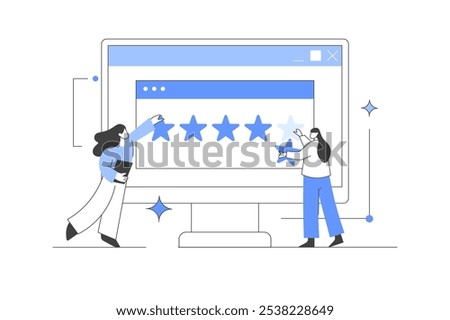 Сharacters giving five star feedback. Clients choosing satisfaction rating. Customer service and user experience concept. Vector Illustration, icon. Stylish, Minimalist line, abstract