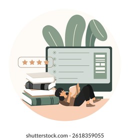 Giving Five Star Feedback. People Giving Five Star Feedback. Customer review concepts. Reviews stars with good and bad rate and text. Flat vector modern illustration 