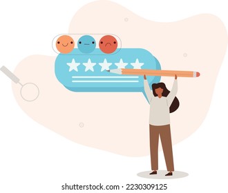 "haracter" que da retroalimentación a cinco estrellas y escribe comentarios de revisión.ilustración vectorial.