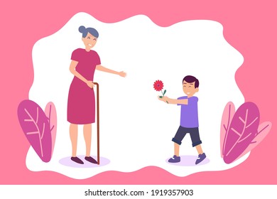 Giving flower vector concept: Little boy giving a flower to his grandmother while enjoying leisure time