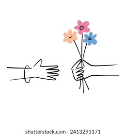 Giving flowers composition, bouquet icon, vector doodle illustration of hands holding flower, birthday present concept, Valentines Day gift, good for greeting card, romantic love, Mothers Day