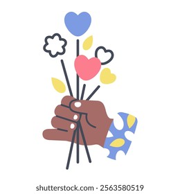 Giving Flowers. Human Hands holding bunch of Flowers. African american man gives flower and hearts. Vector illustration for Flower delivery, birthday, valentines, party, holiday