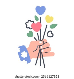 Giving Flowers. Human Hands holding bunch of Flowers. Man gives flower and hearts. Vector illustration for Flower delivery, birthday, valentines, party, holiday