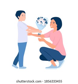 Giving Flowers To Mom. Mother Day Concept. Vector