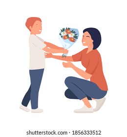 Giving flowers to mom. Mother day concept. Vector