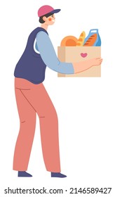 Giving food for charity, donation and volunteering, helping people in need. Isolated teenager with bag of meal, freshly baked bread from bakery store and groceries from shop. Vector in flat style