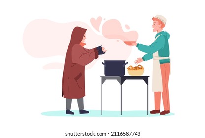 Giving food for homeless hungry people. Charity feeding shelter center, thanksgiving meals flat vector illustration