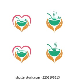 Giving Food For The Poor And Refugees. Giving Soup Needy Person. Food Donation Concept, Charity Food. Vector Illustration. Logo Design