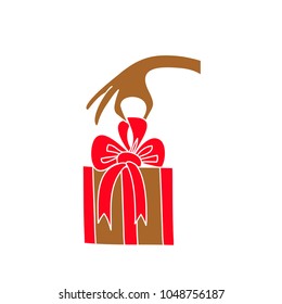 Giving Gift. Character in outline hand drawn style, doodle cartoon illustration.